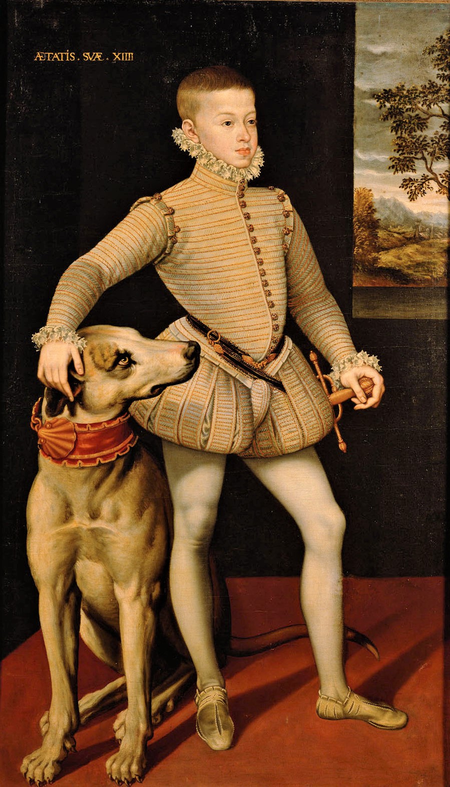 Erzherzog Albrecht VII. (1559-1621). Im Alter von 14 Jahren mit einer Dogge, in ganzer Figur, um 1573, Kopie nach: Alonso Sánchez Coello. Derzeit ausgestellt: Schloss Ambras Innsbruck, Hochschloss, Habsburger Porträtgalerie. Mehr Information: www.khm.at/de/object/23af4b45f1/| © KHM-Museumsverband. Erzherzog Albrecht VII. (1559-1621). Im Alter von 14 Jahren mit einer Dogge, in ganzer Figur, um 1573, Kopie nach: Alonso Sánchez Coello. Derzeit ausgestellt: Schloss Ambras Innsbruck, Hochschloss, Habsburger Porträtgalerie. Mehr Information: www.khm.at/de/object/23af4b45f1/| © KHM-Museumsverband.